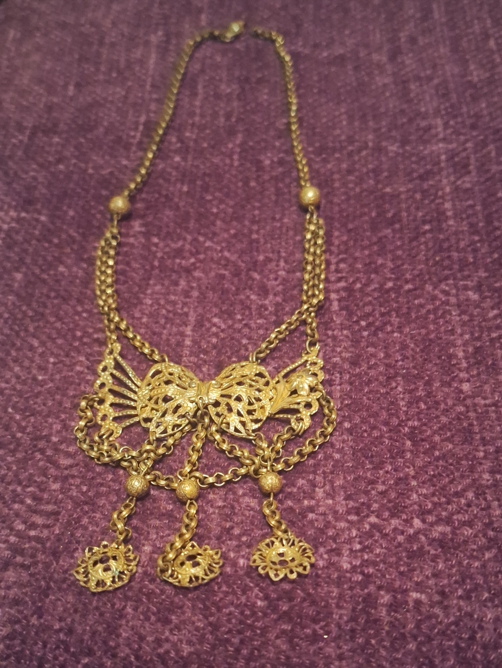 Antique NOUVEAN Style Brass Filigree Festoon  Bow Drape Necklace.
